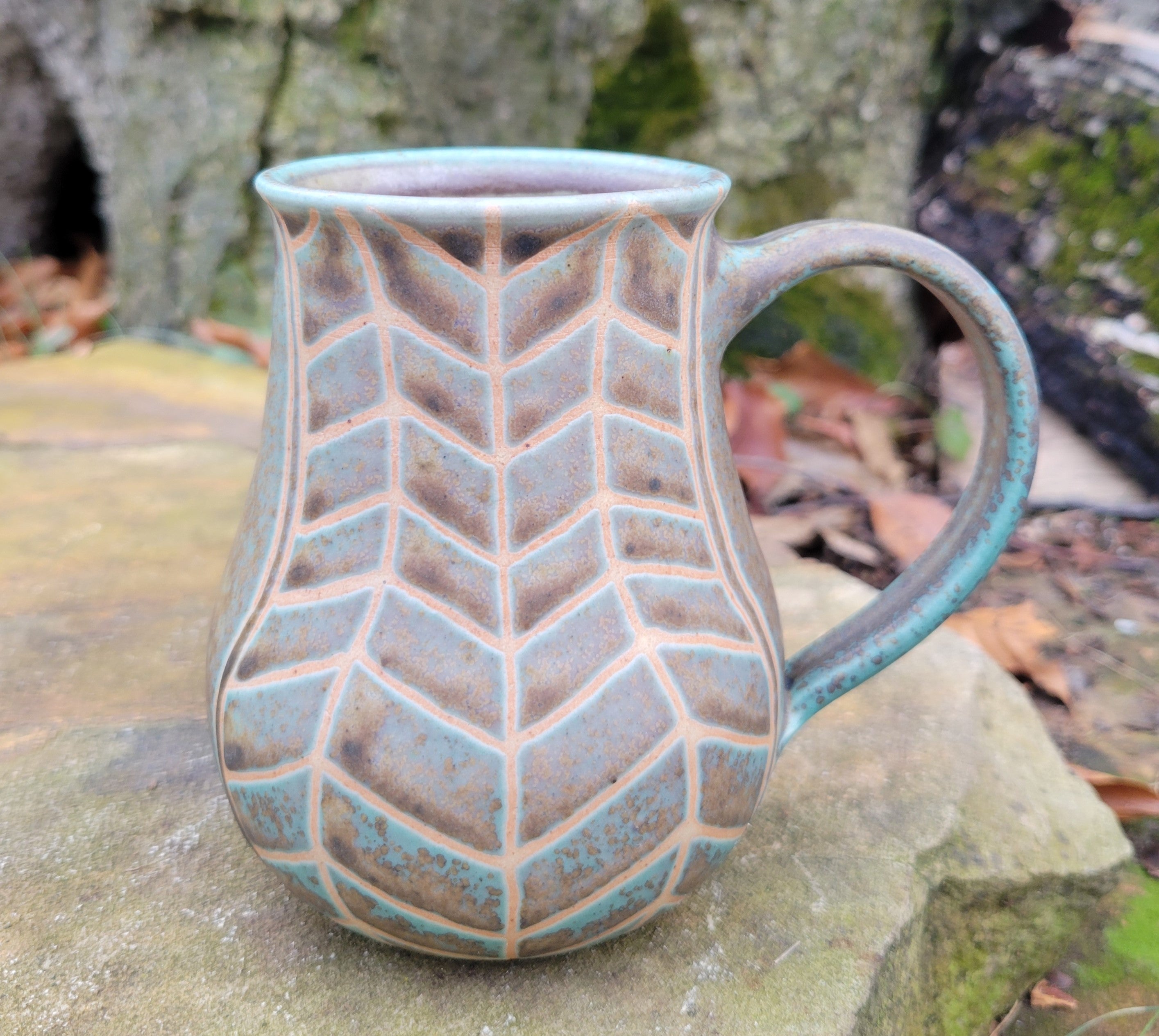 Coffee Mug in Turquoise and Lavender Chevron Pattern