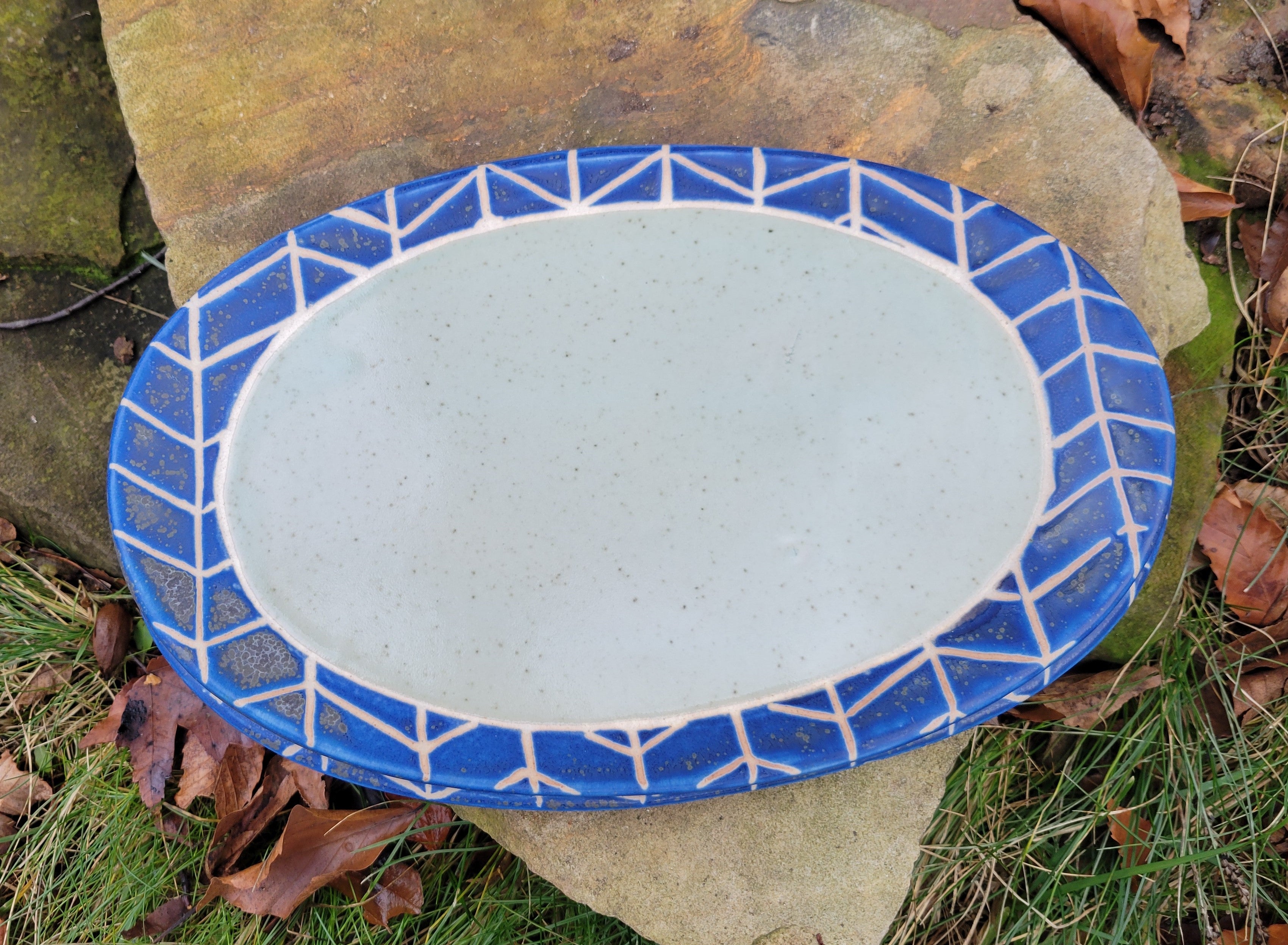 Large Oval Plates in Blue Lapis Chevron Pattern