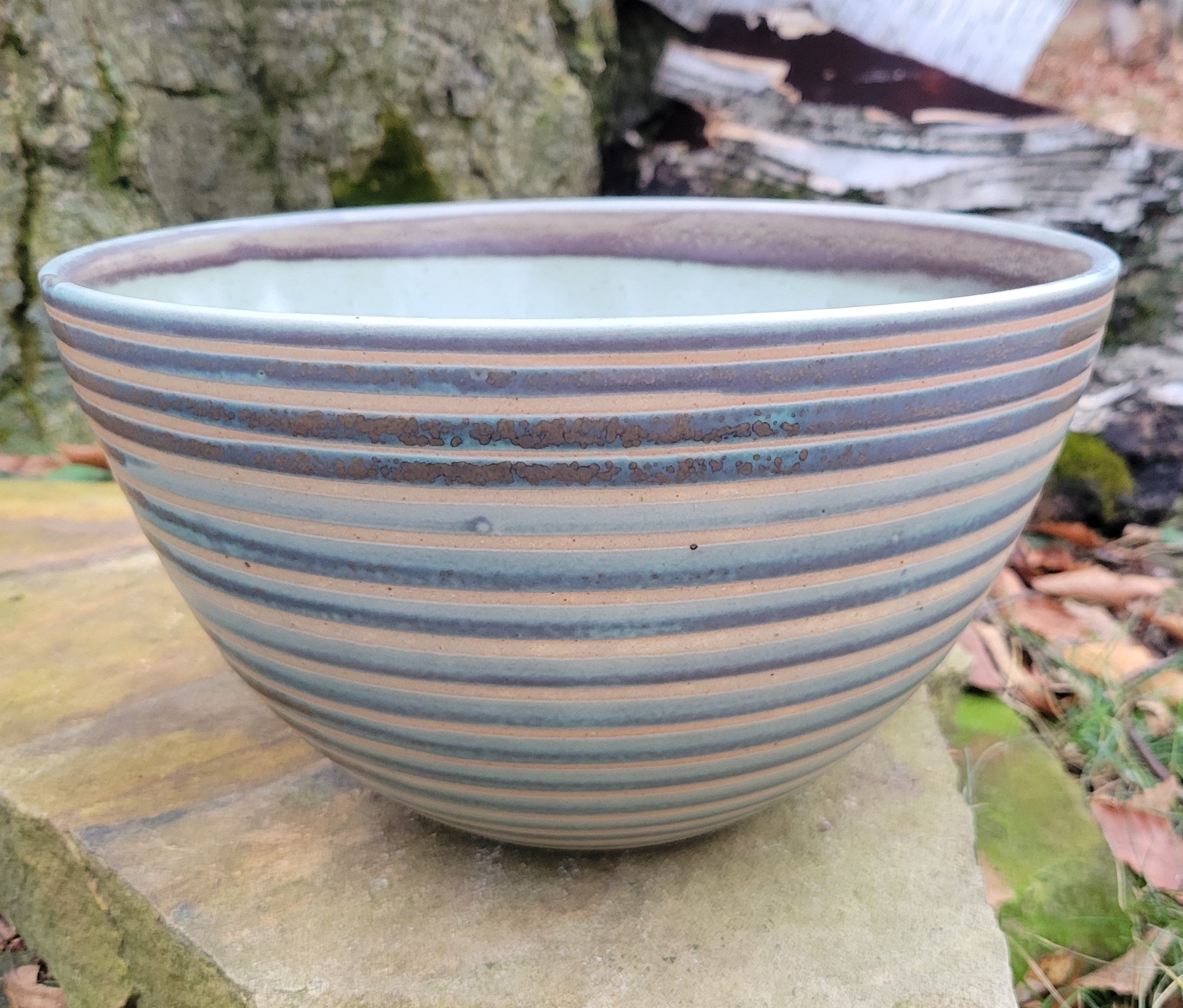 Large Serving Bowl in Turquoise Amethyst Pinstripe Pattern