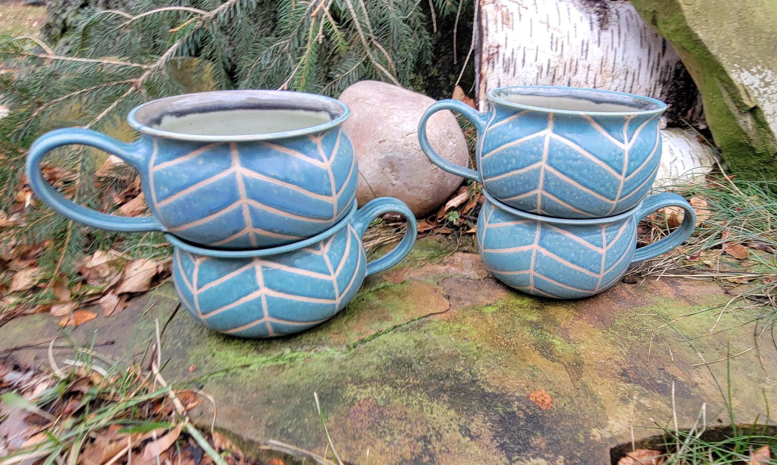 Soup Bowls in Blue Slate Chevron Pattern