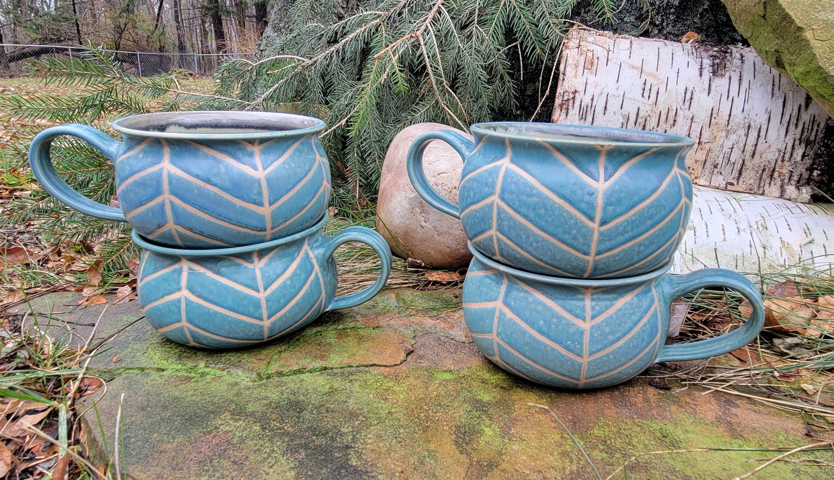 Soup Bowls in Blue Slate Chevron Pattern