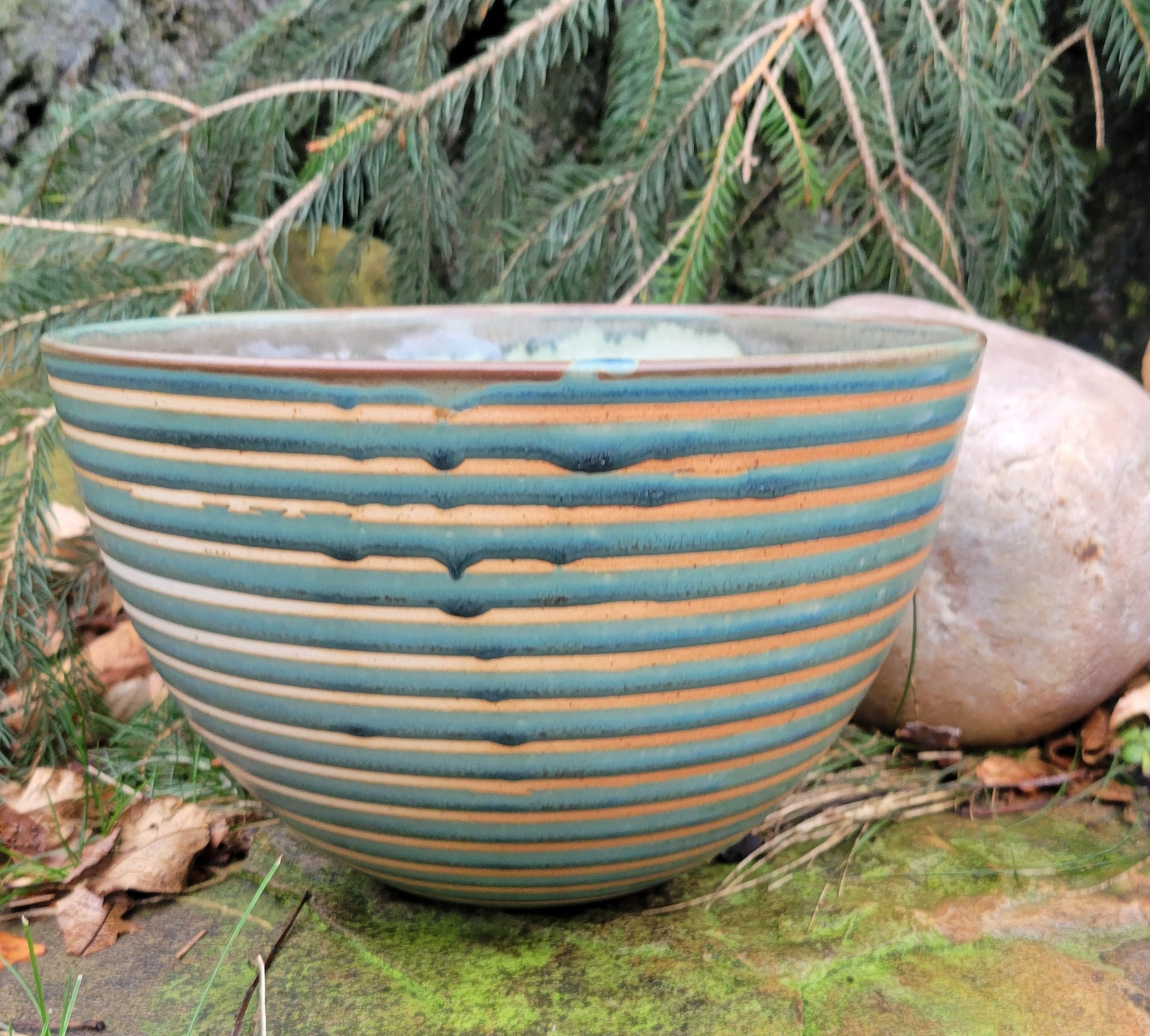 Large Serving Bowl in Blue Slate Pinstripe