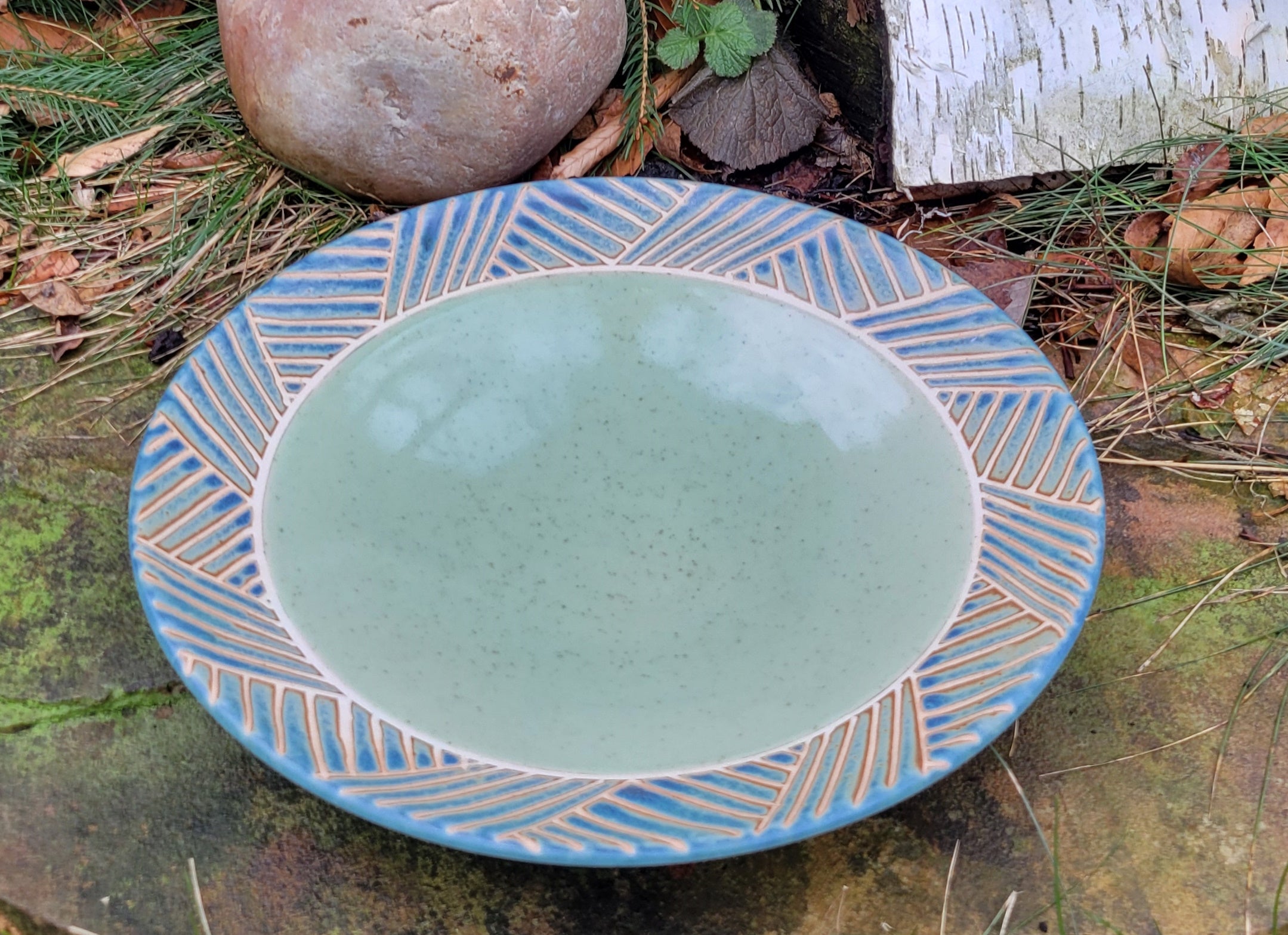 Wide Serving Bowl in Blue Slate Basketweave