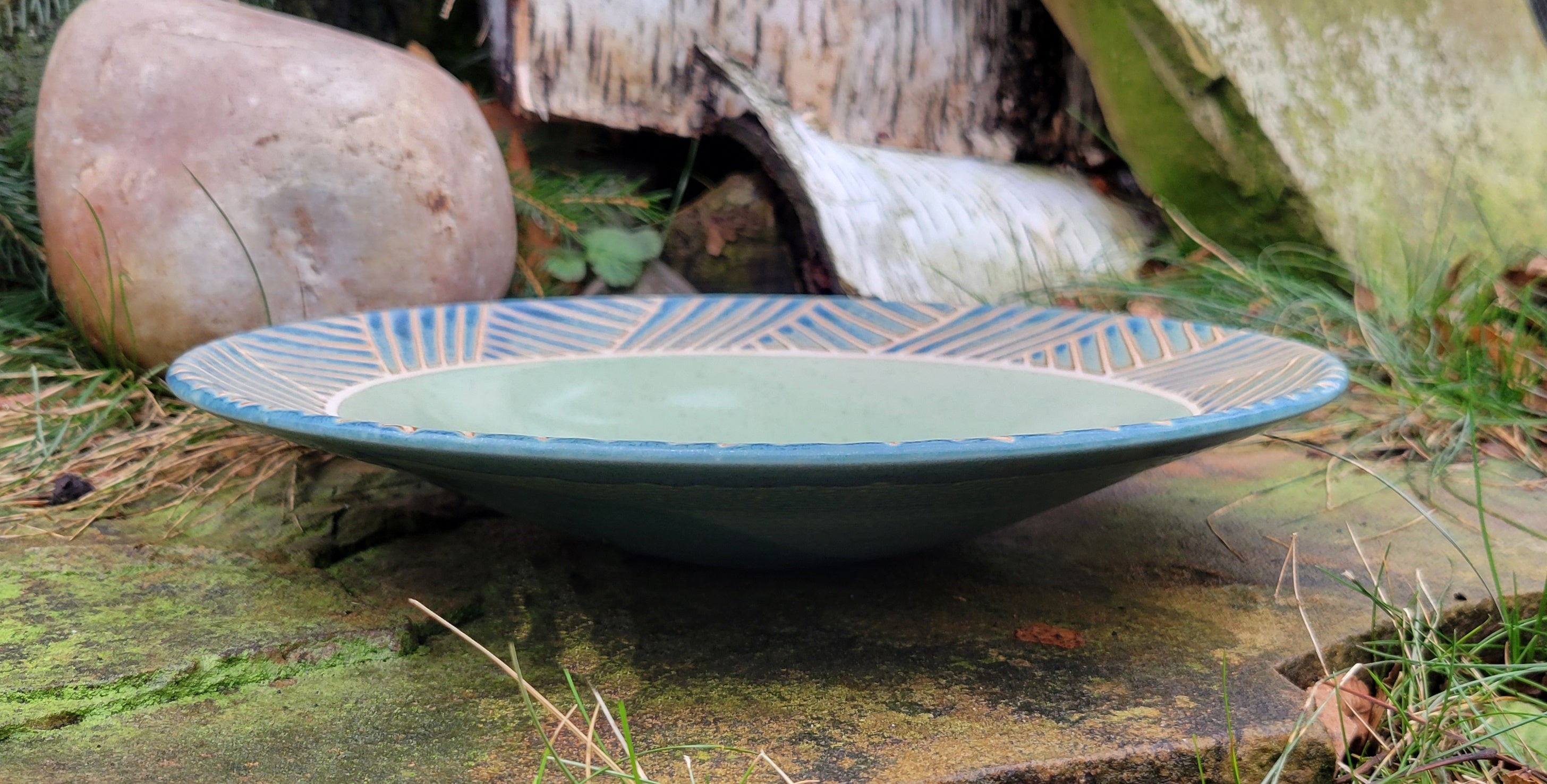 Wide Serving Bowl in Blue Slate Basketweave