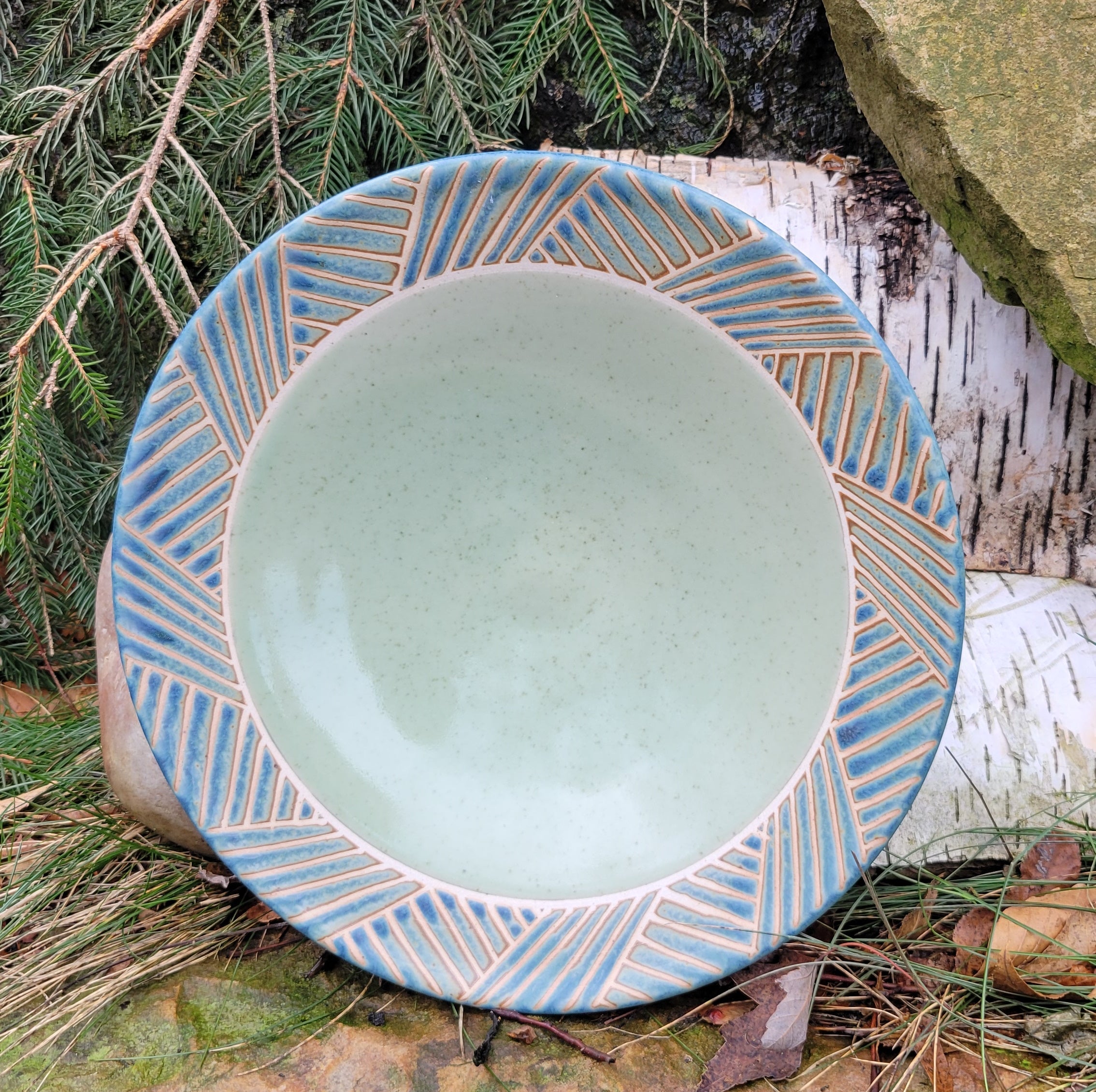 Wide Serving Bowl in Blue Slate Basketweave