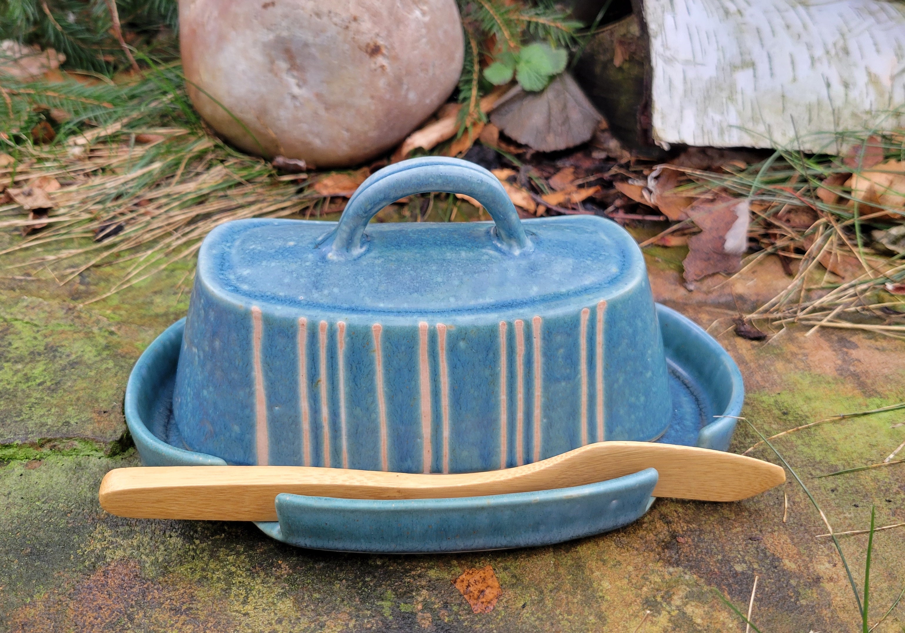 Butter Dish in Blue Slate Pinstripe