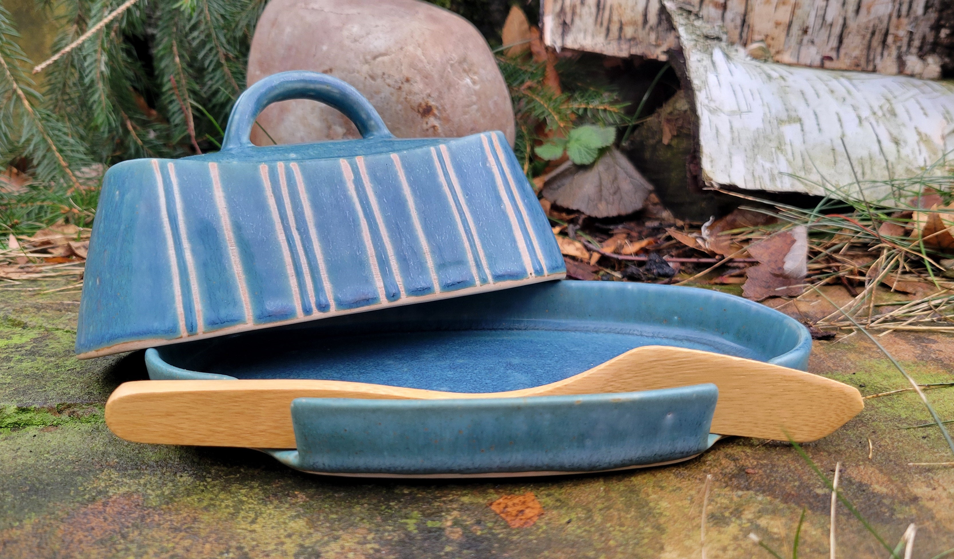 Butter Dish in Blue Slate Pinstripe