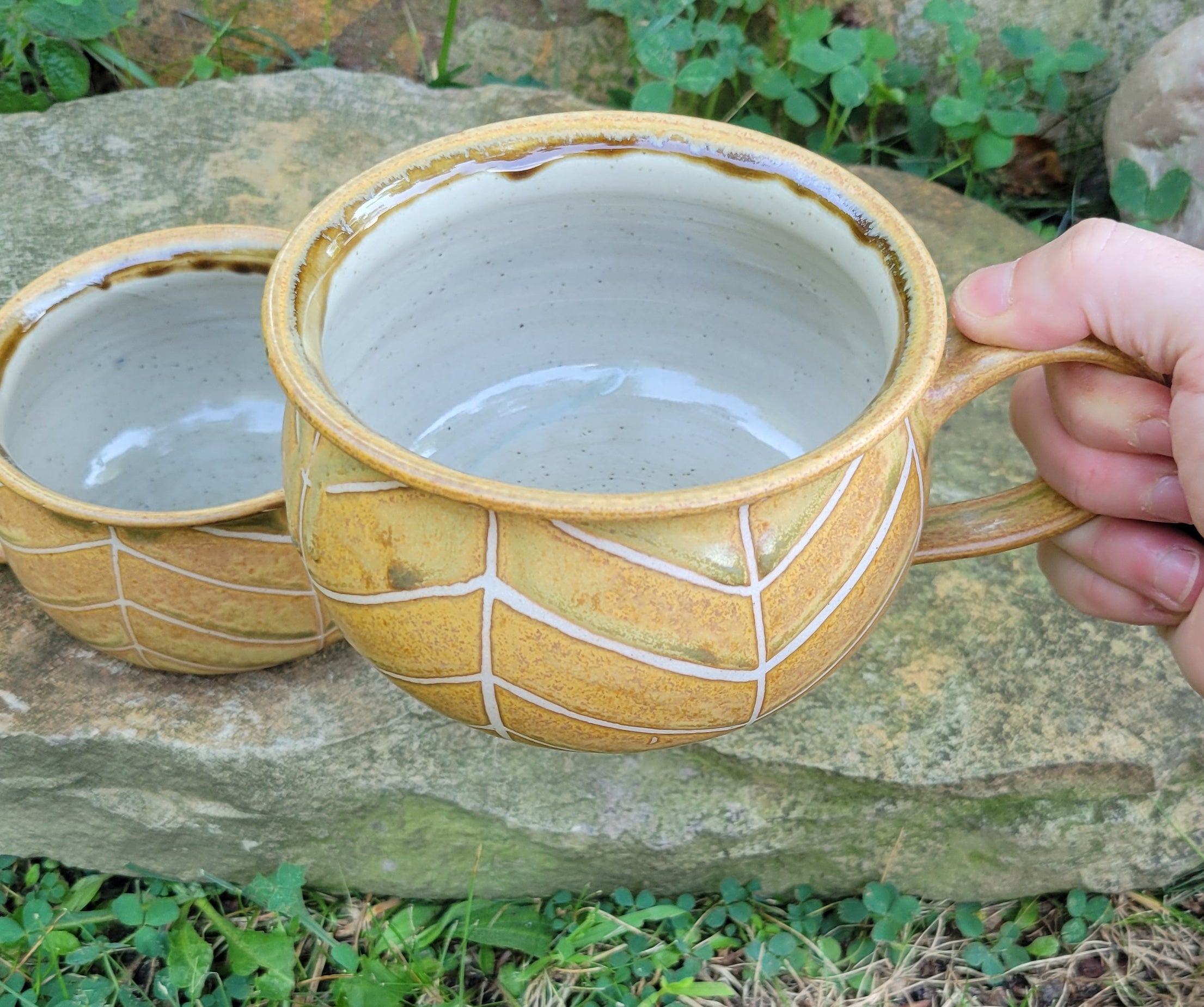 Soup Bowls in Yellow Ocher Chevron Pattern