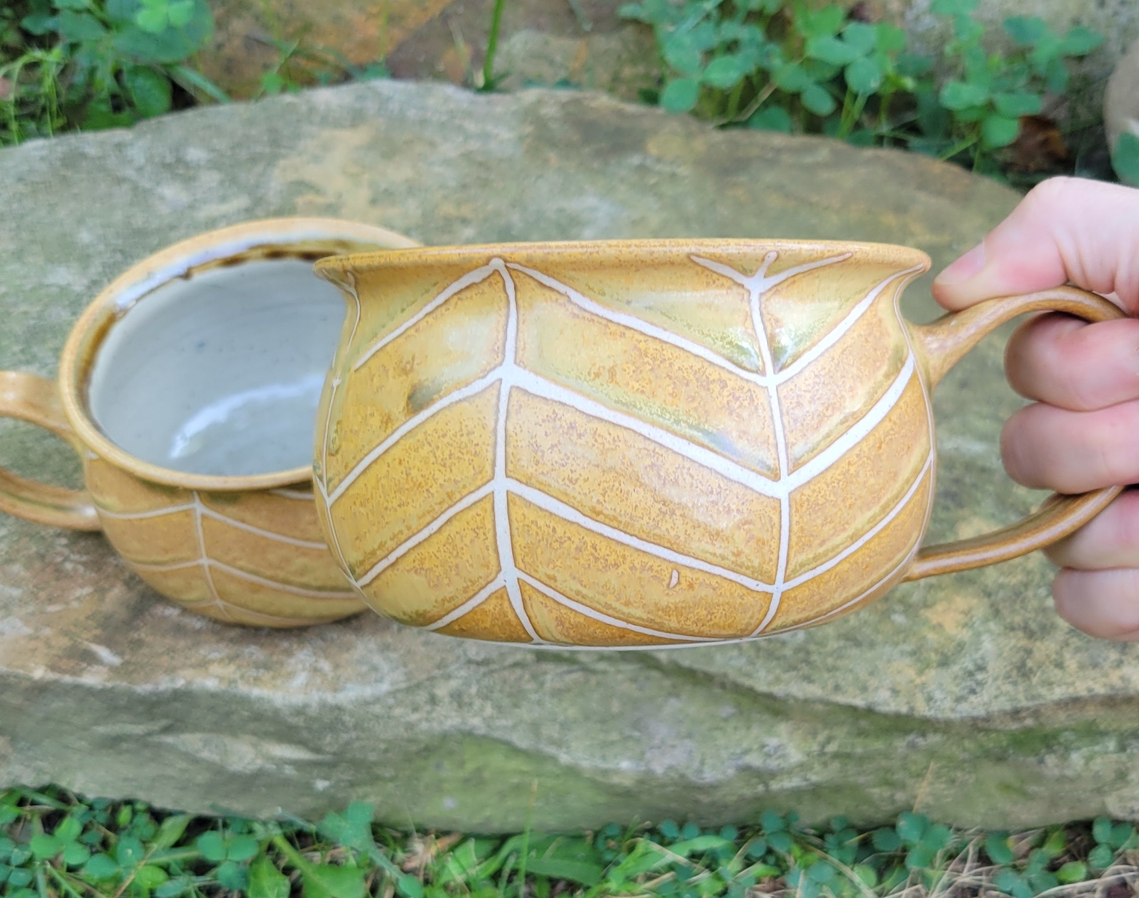 Soup Bowls in Yellow Ocher Chevron Pattern