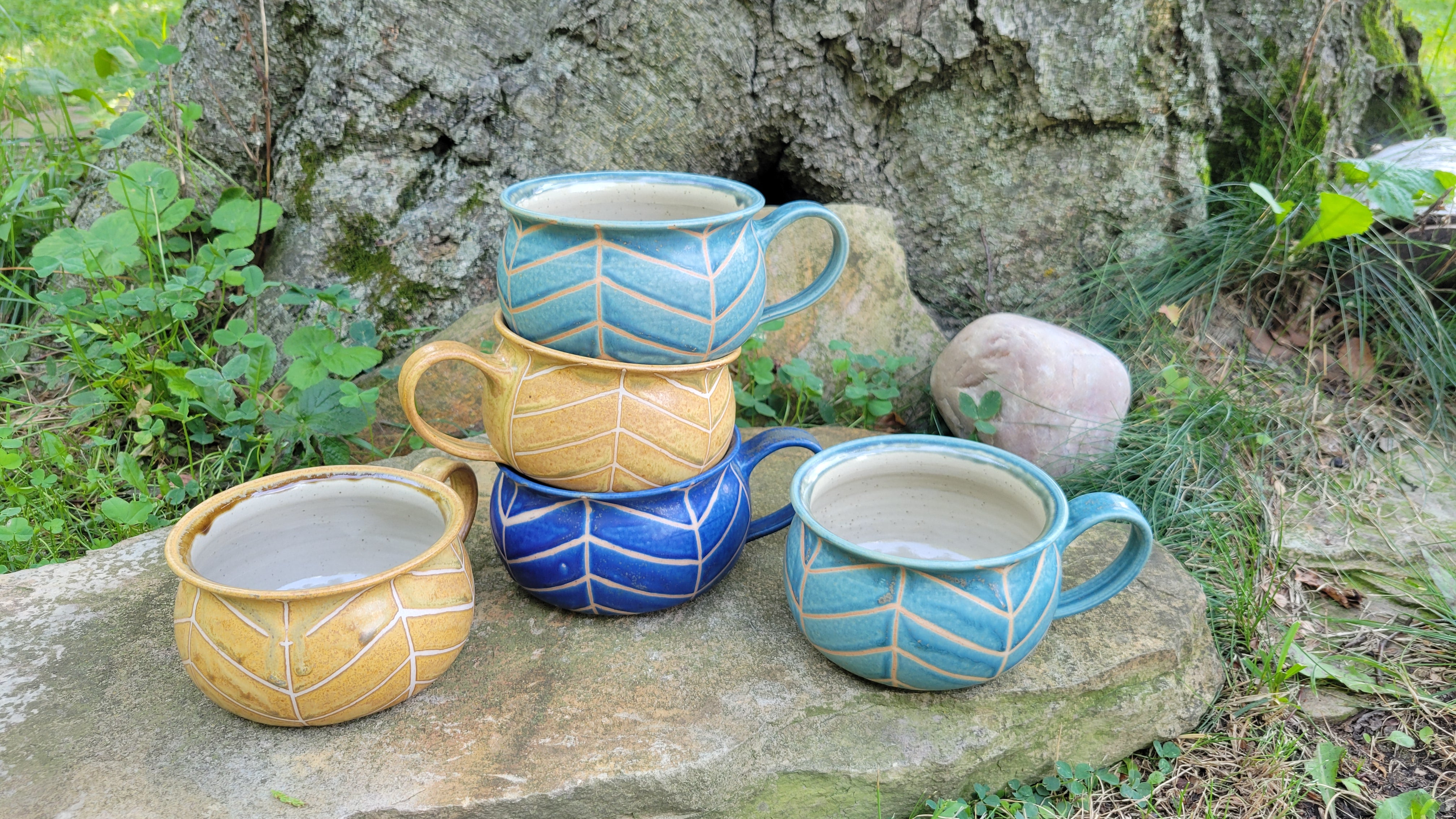 Soup Bowls in Yellow Ocher Chevron Pattern