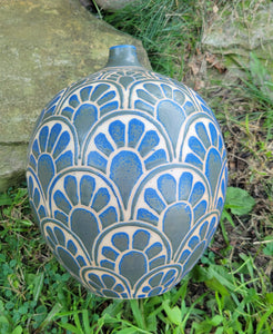 Large Bottle Vase in Lapis Blue  Floral Pattern