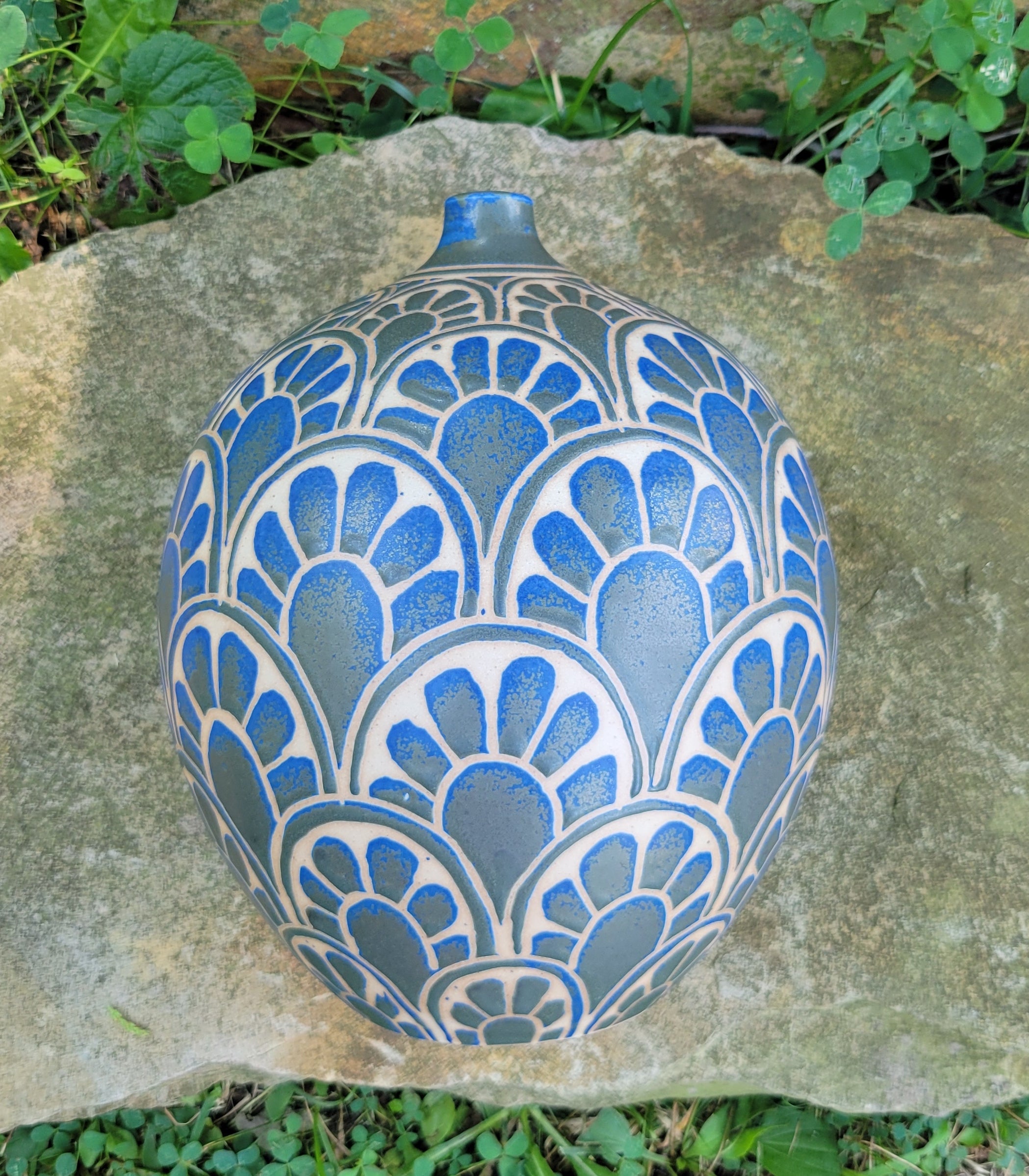 Large Bottle Vase in Lapis Blue  Floral Pattern