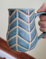 Load image into Gallery viewer, Coffee Mug in Slate Blue Chevron Pattern
