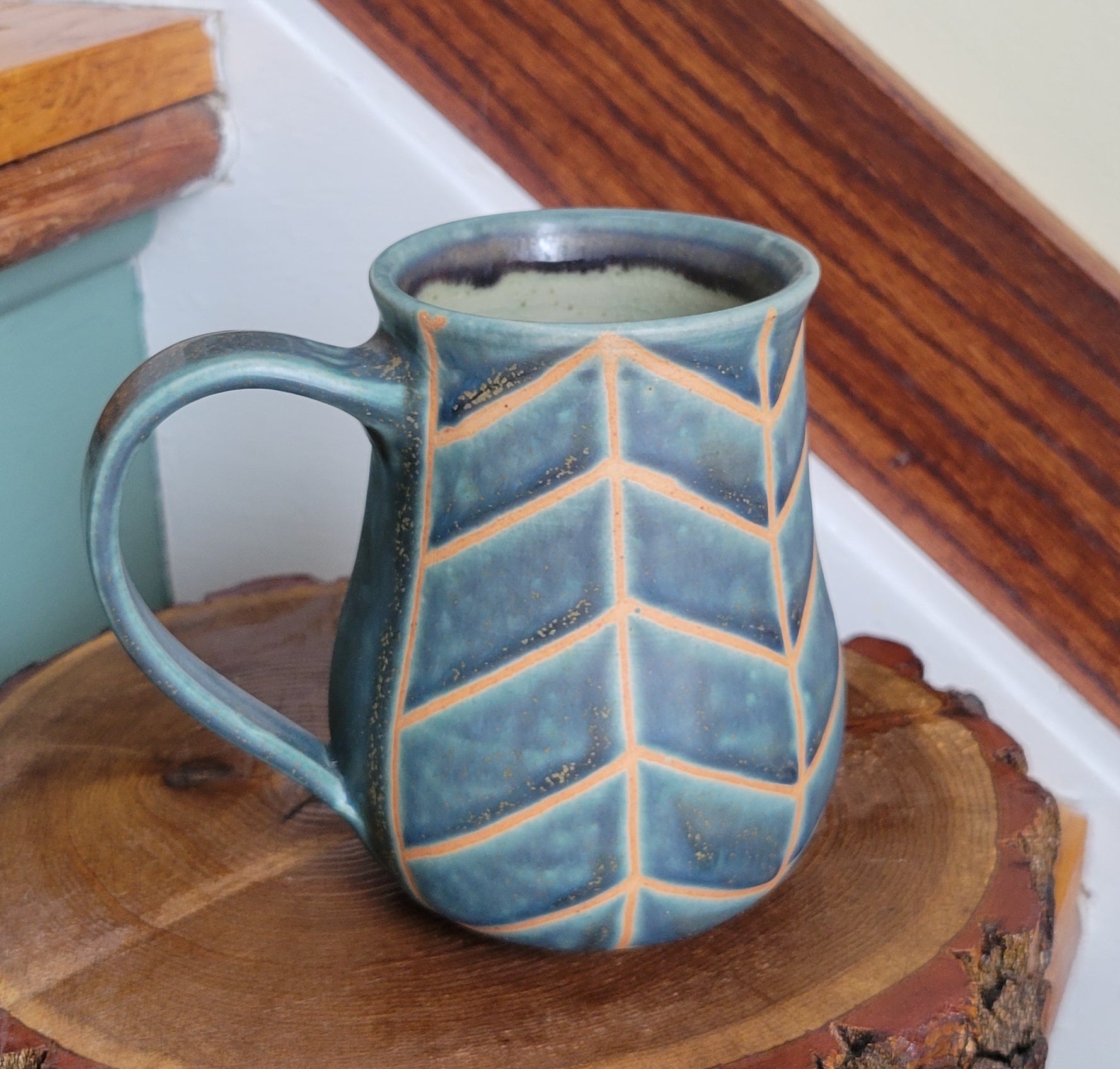 Coffee Mug in Slate Blue Chevron Pattern