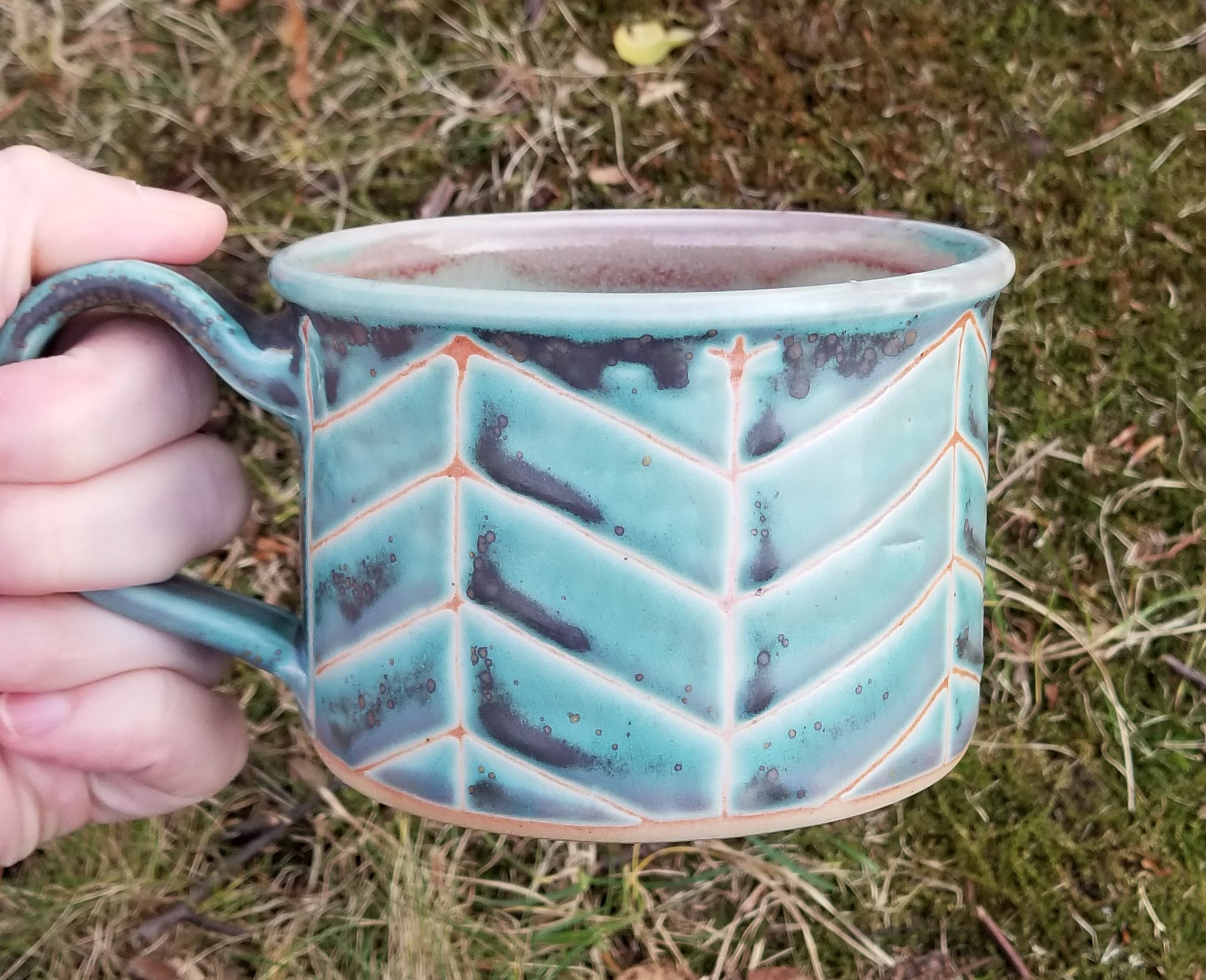'Camp' Mugs in Turquoise Chevron Pattern with Lavender Blush