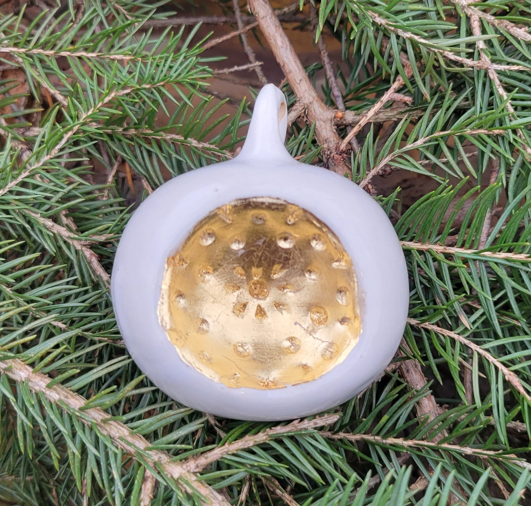 Ornament in Glossy White and Gold Leaf