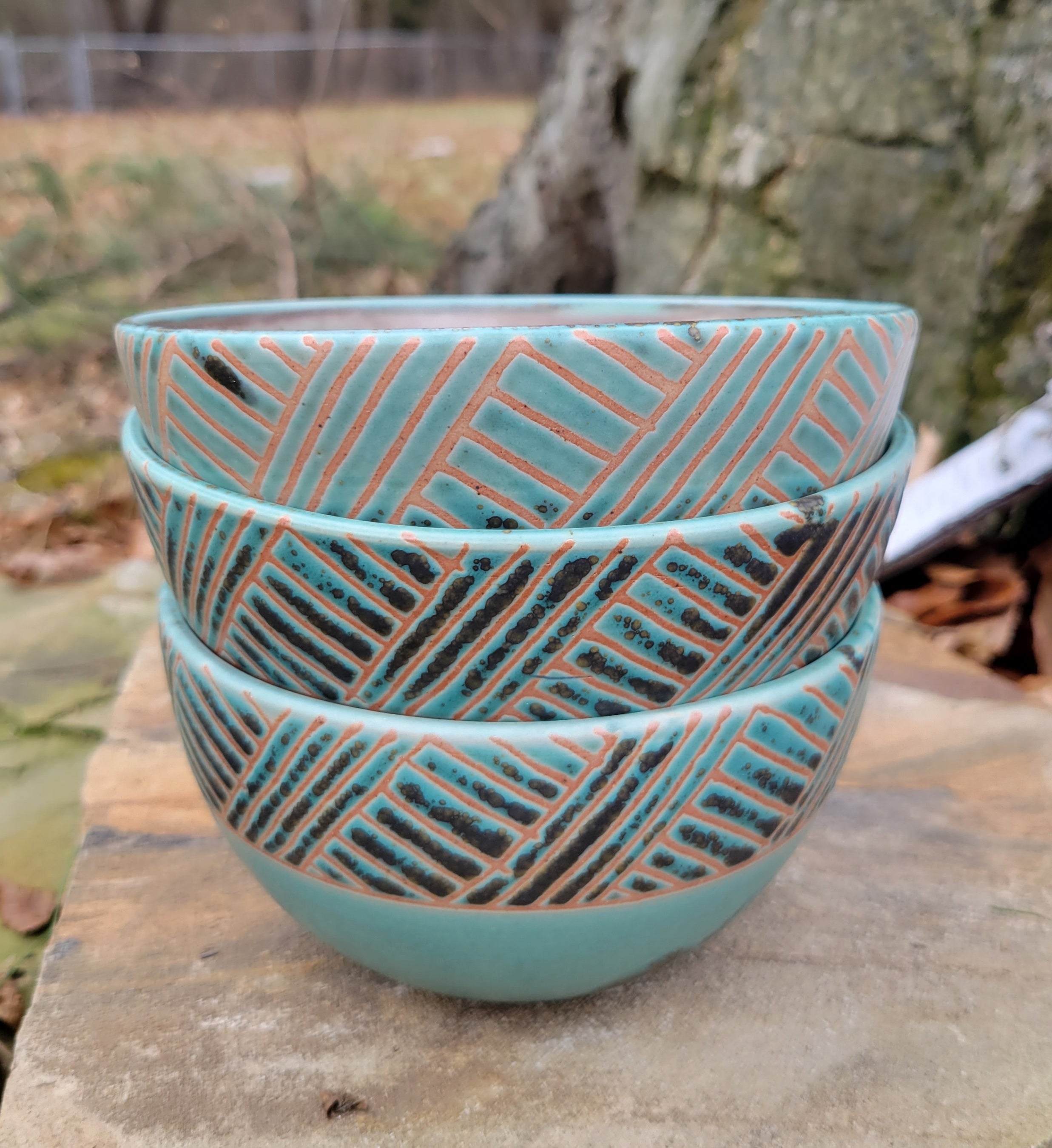 Cereal Bowl in Turquoise Basket Weave Pattern